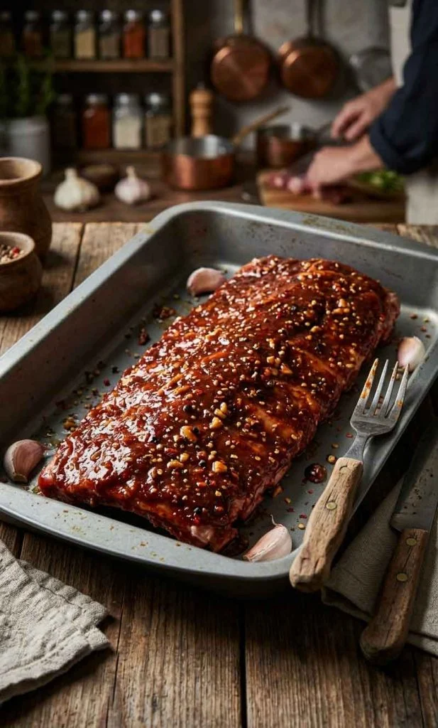 Pork ribs coated in thick homemade BBQ marinade before cooking