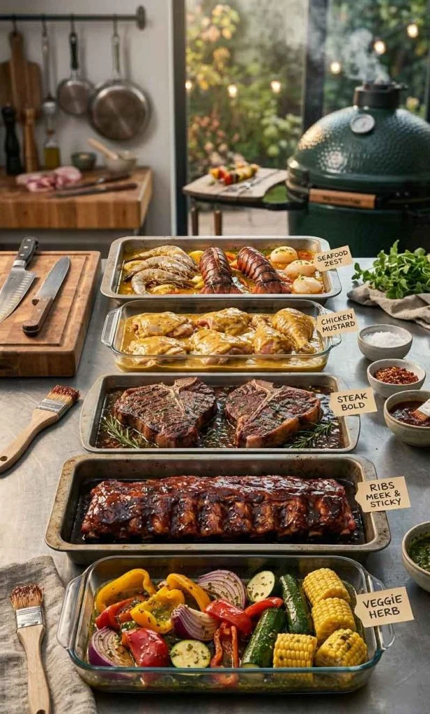 Different meats and vegetables marinating before barbecue cooking