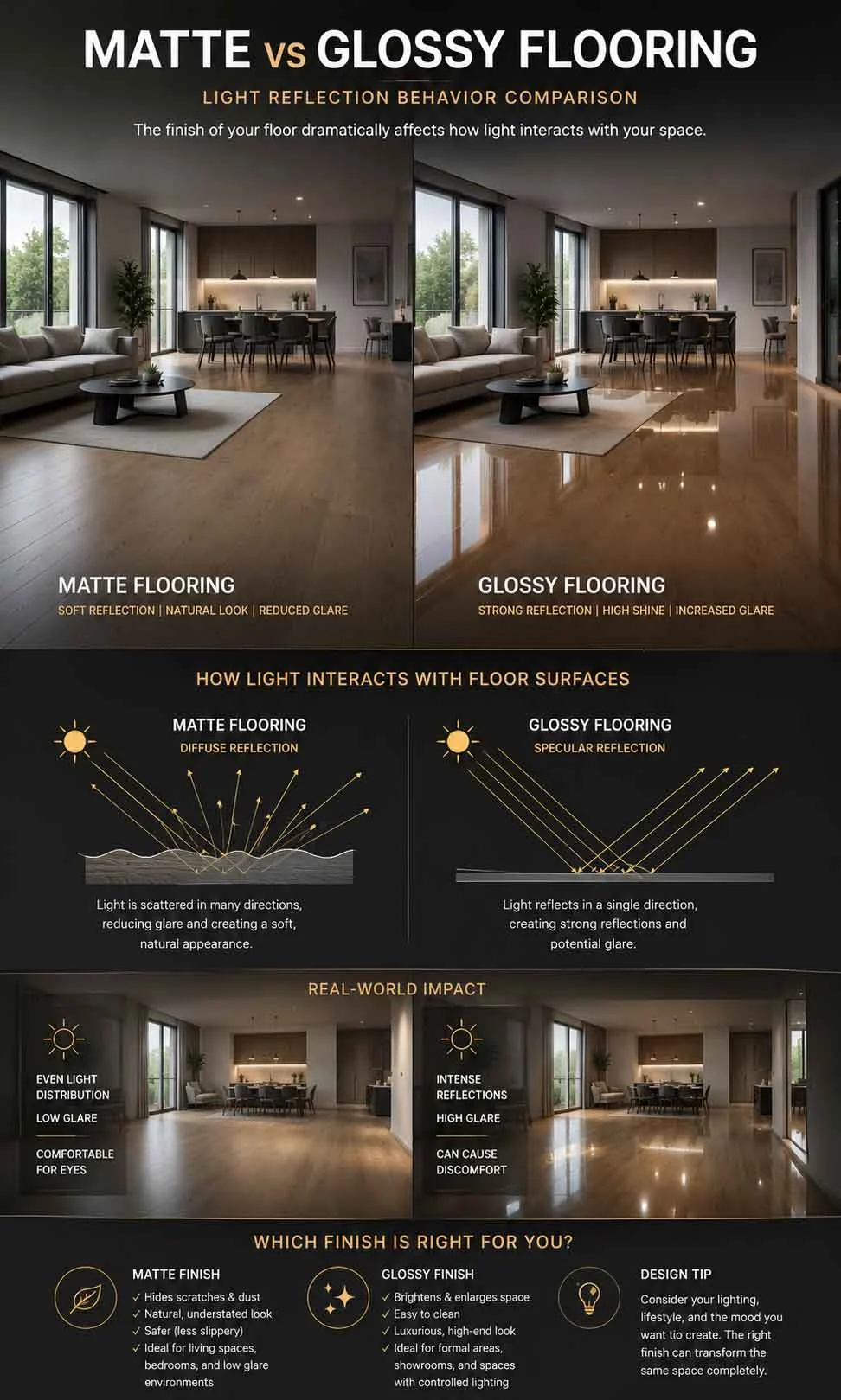 Comparison between matte flooring and glossy reflective flooring