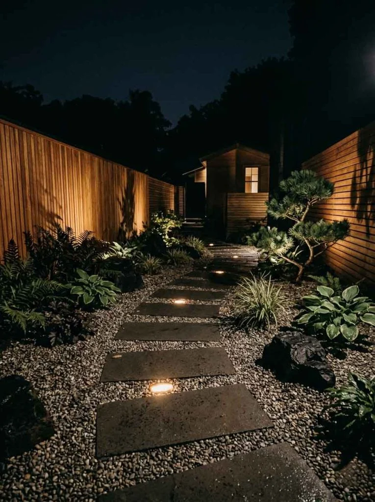 minimalist garden with sparse glow pathway stones at night