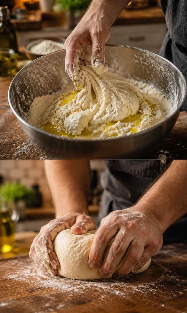 Mixing homemade pizza dough inside modern kitchen