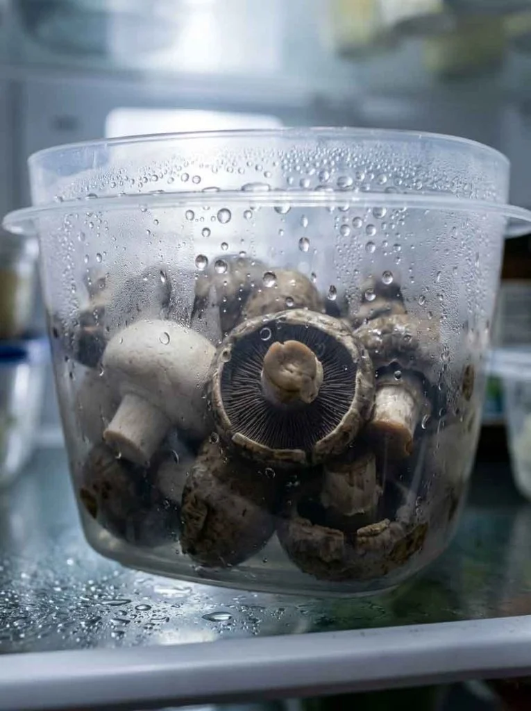 Condensation trapped inside mushroom container in refrigerator