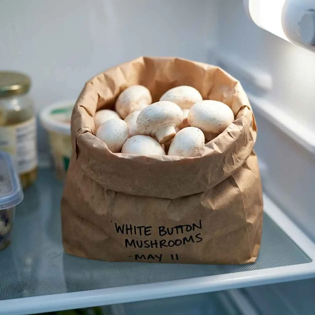 Fresh mushrooms stored properly inside paper bag in refrigerator