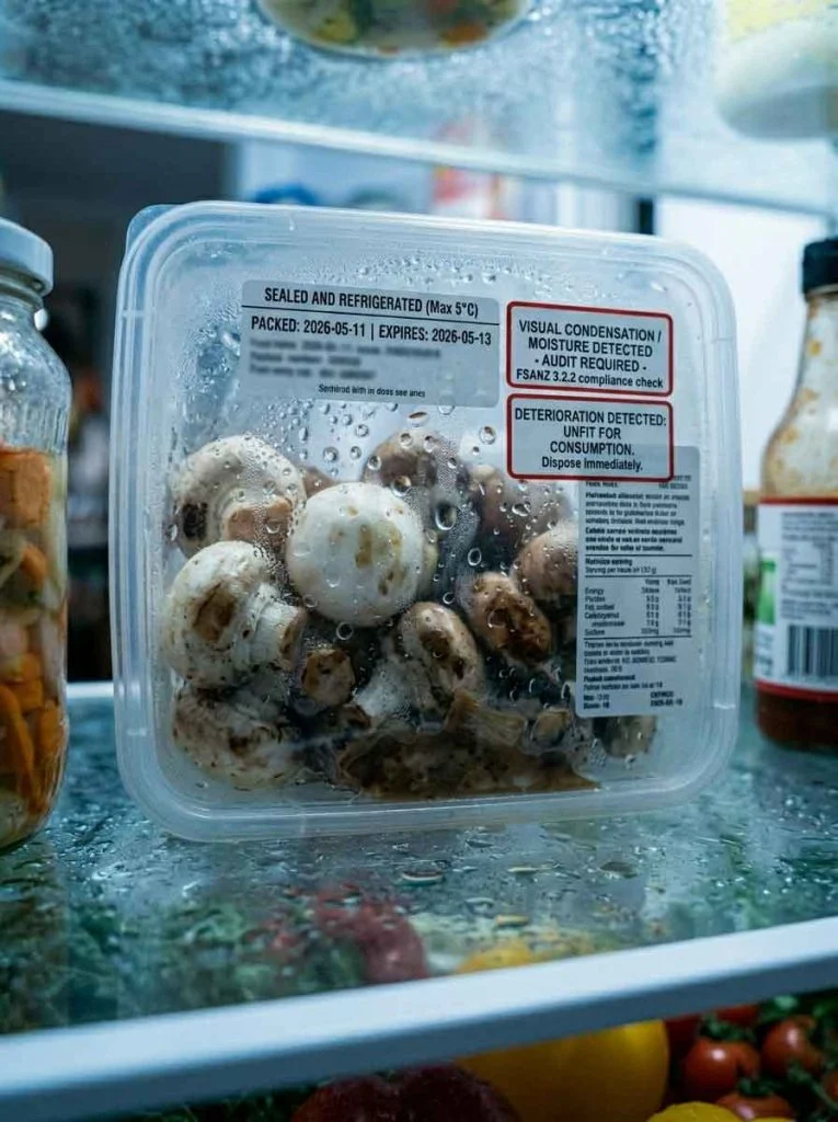 Wet mushrooms inside refrigerator caused by condensation buildup