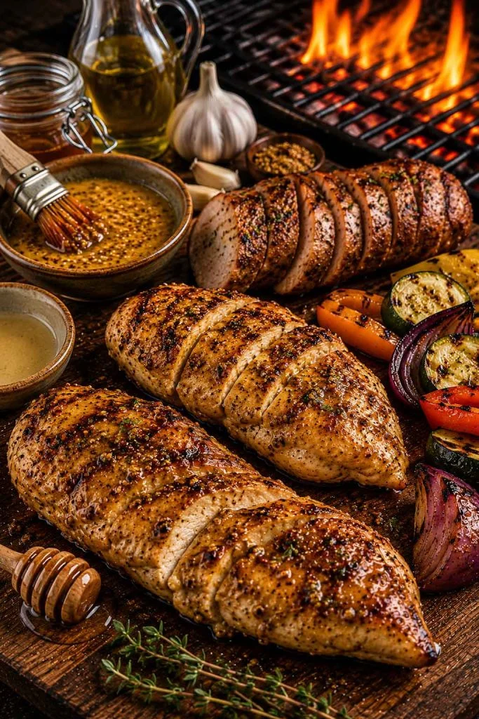 Honey mustard marinated chicken beside smoky barbecue grill flames