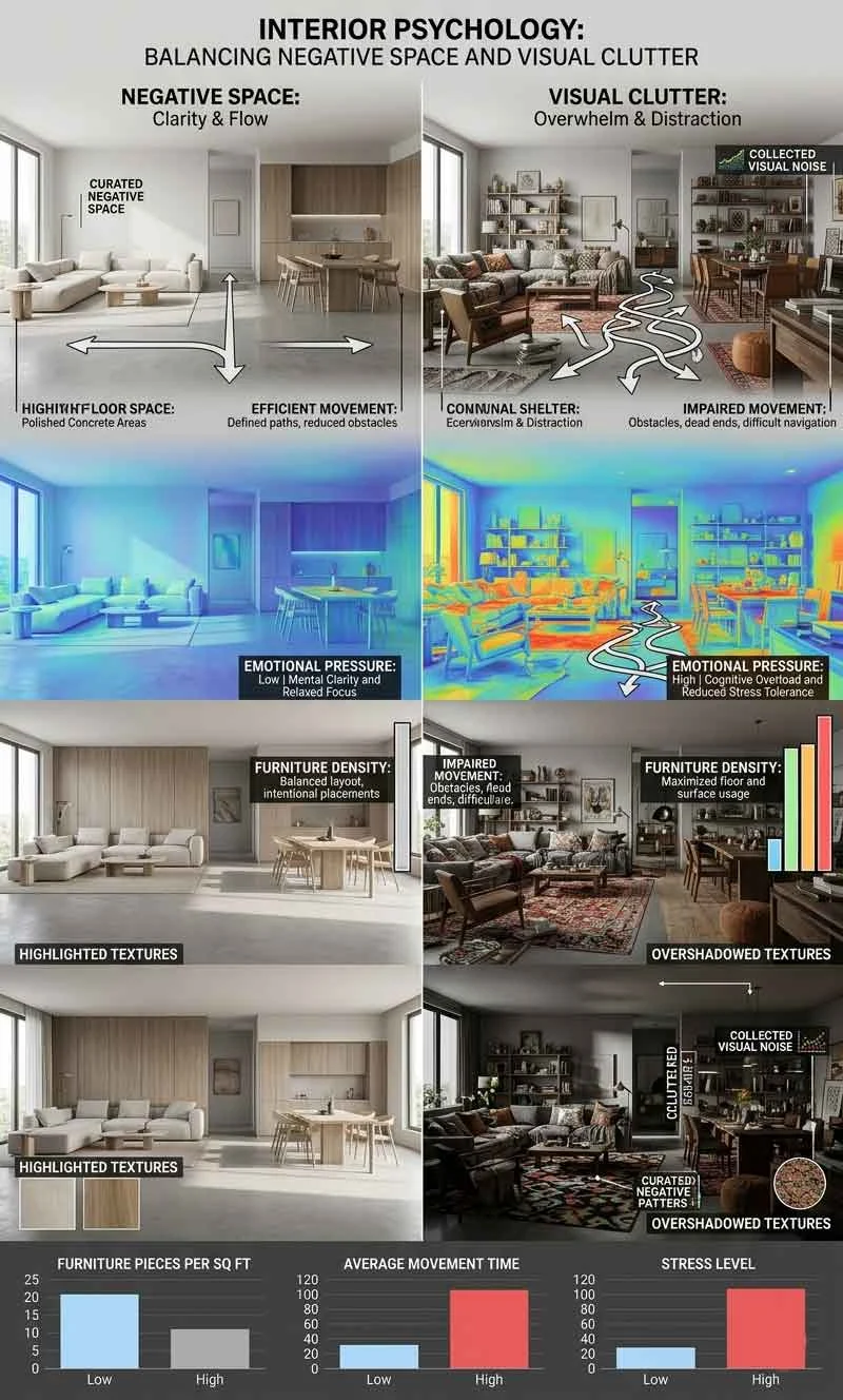 Interior comparison showing negative space versus visual clutter in apartment design