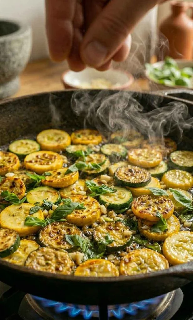 Olive oil coating sautéed summer squash inside skillet
