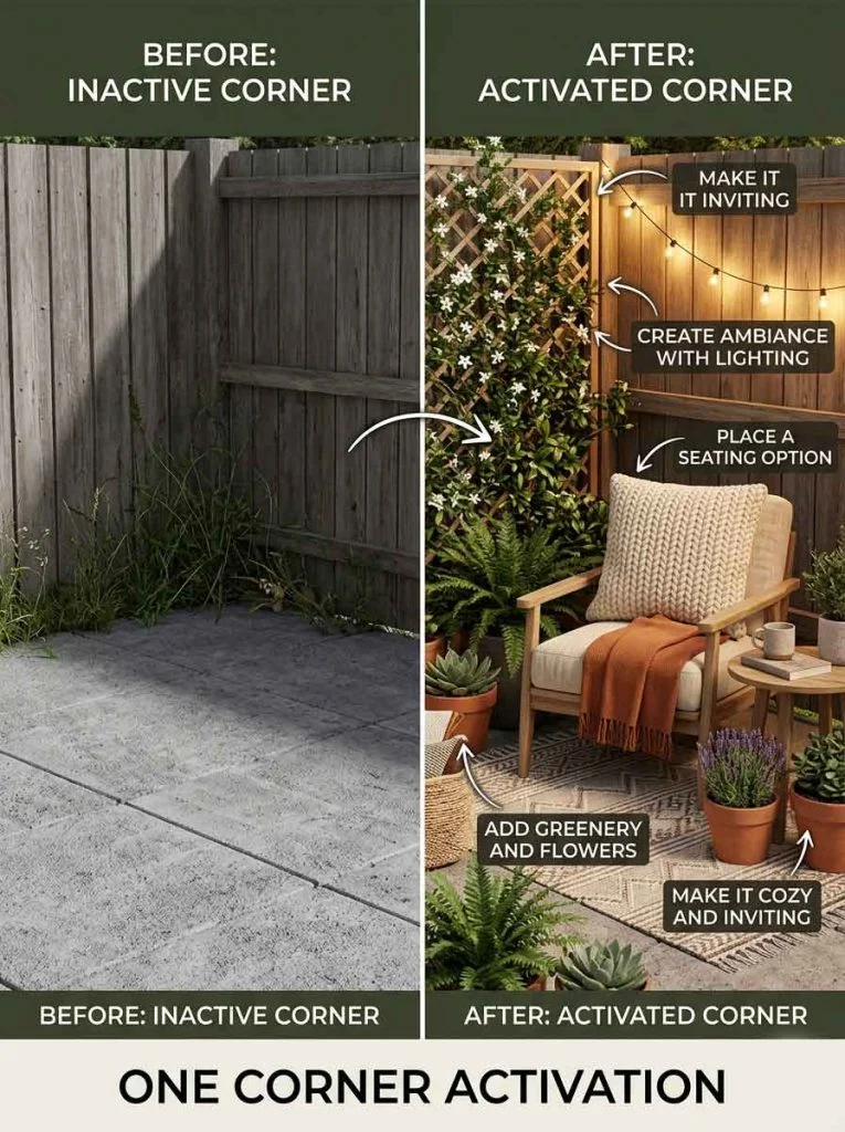 Diagram showing transformation of one backyard corner from unused to active