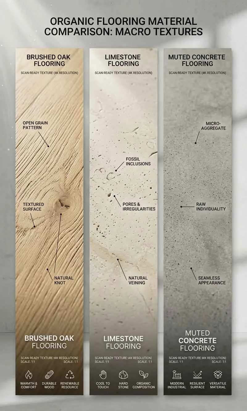 Organic flooring texture comparison inside modern minimalist interiors