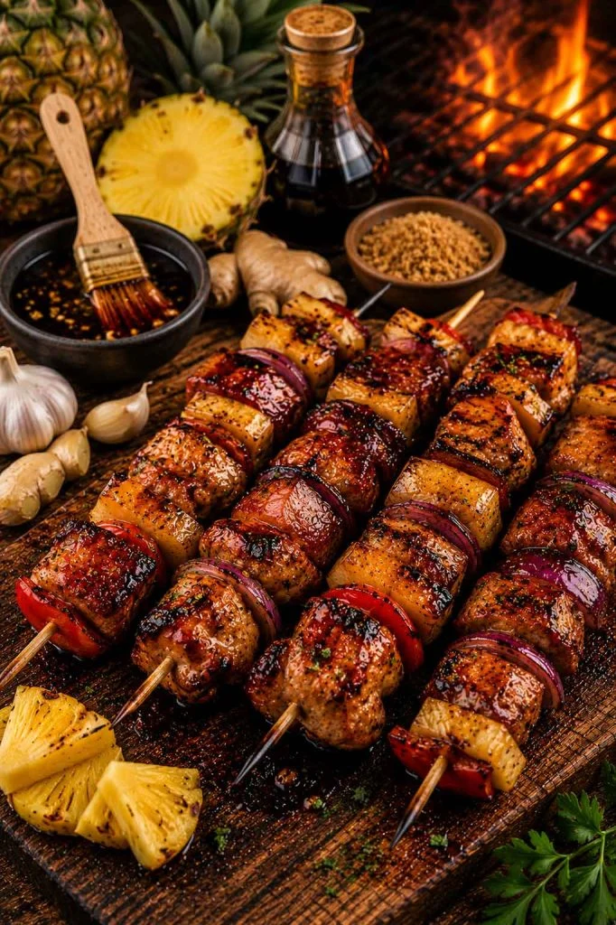 Pineapple barbecue marinated chicken skewers beside smoky grill flames