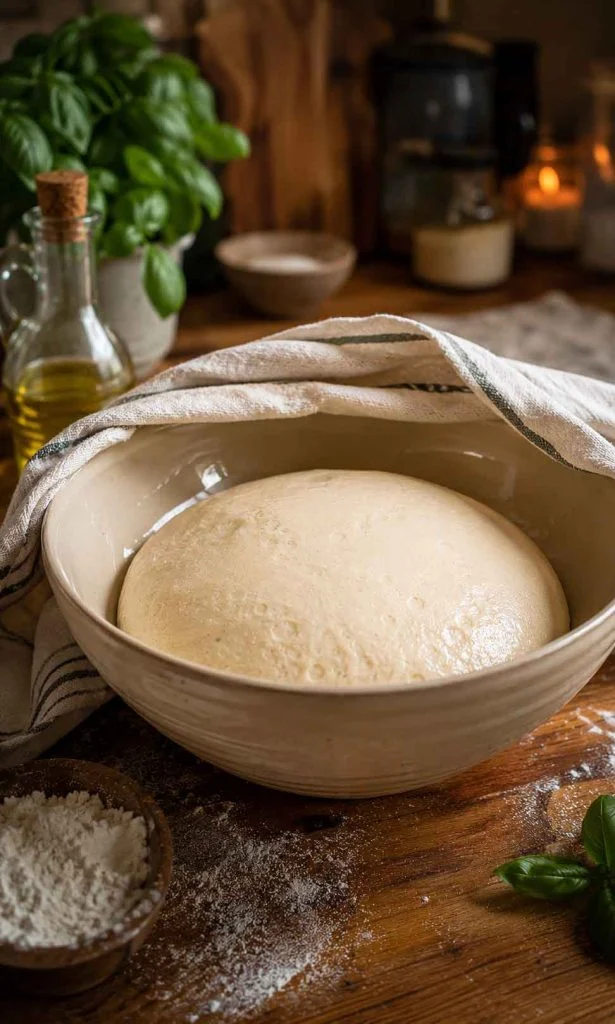 Homemade pizza dough resting inside warm kitchen before baking