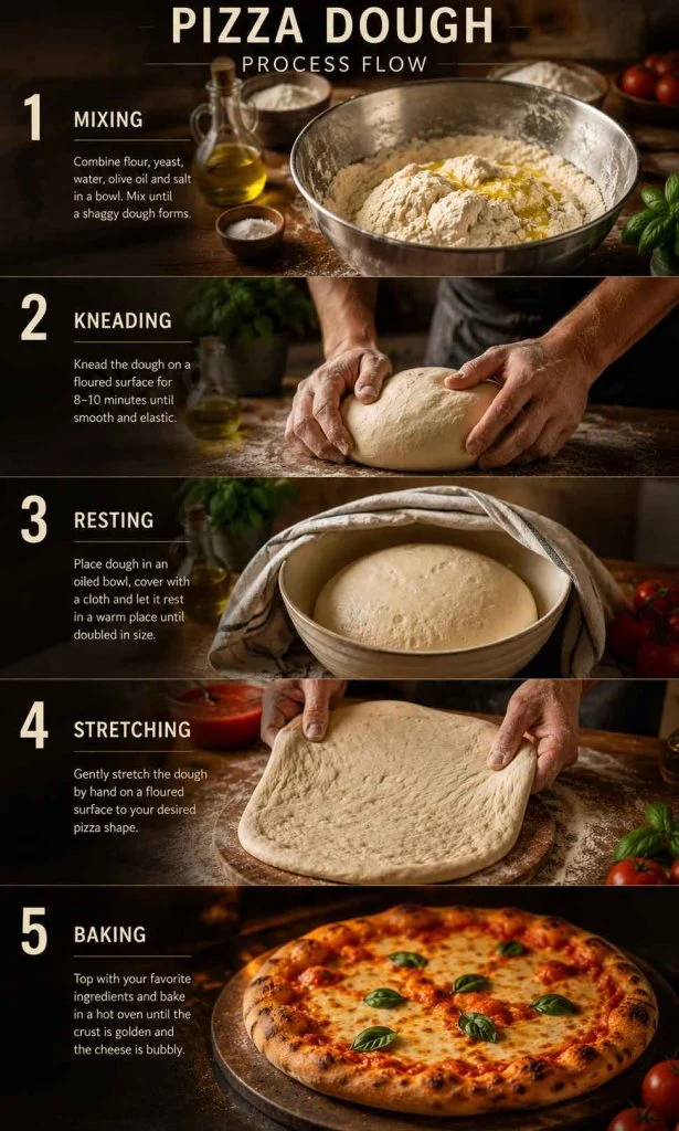 Pizza dough texture process from mixing to baking