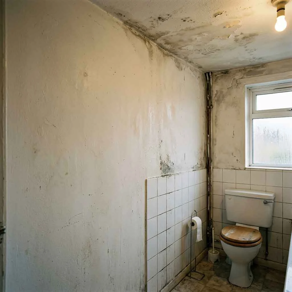 powdery bathroom wall paint near humid ceiling corner