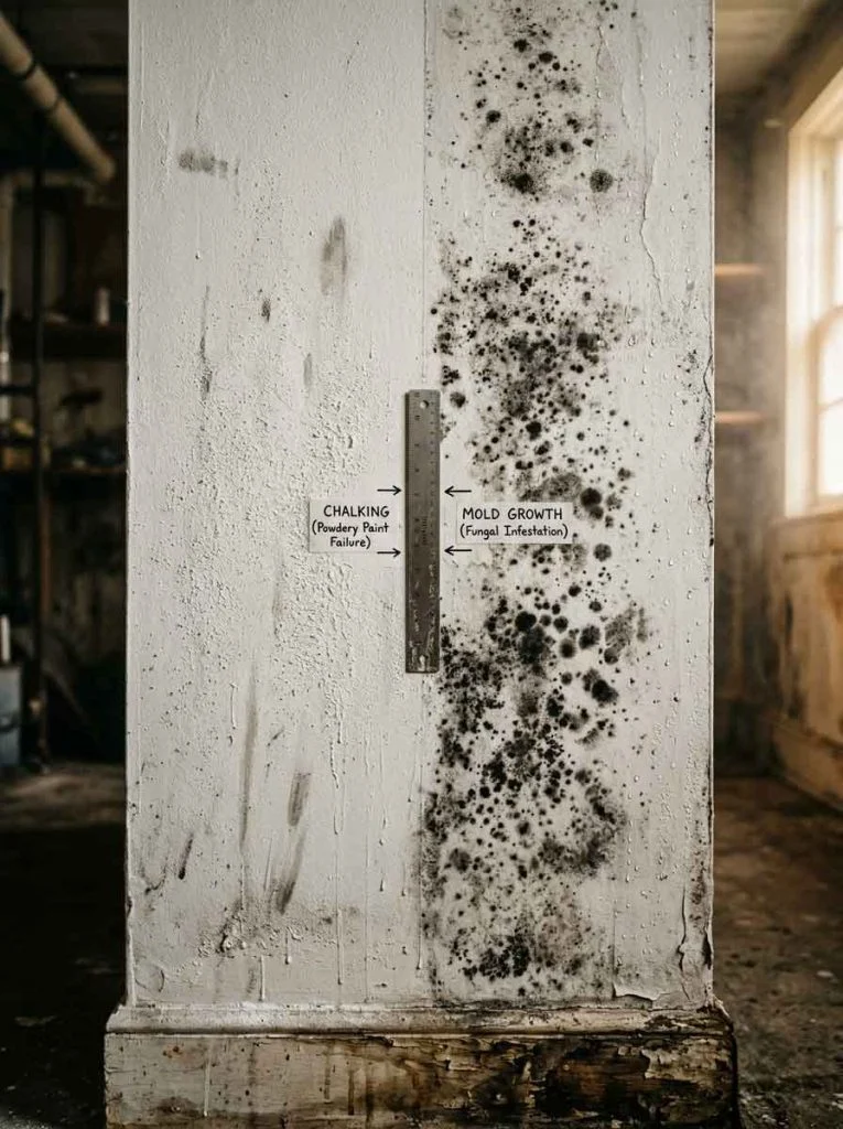 comparison between powdery paint wall and mold wall damage indoors