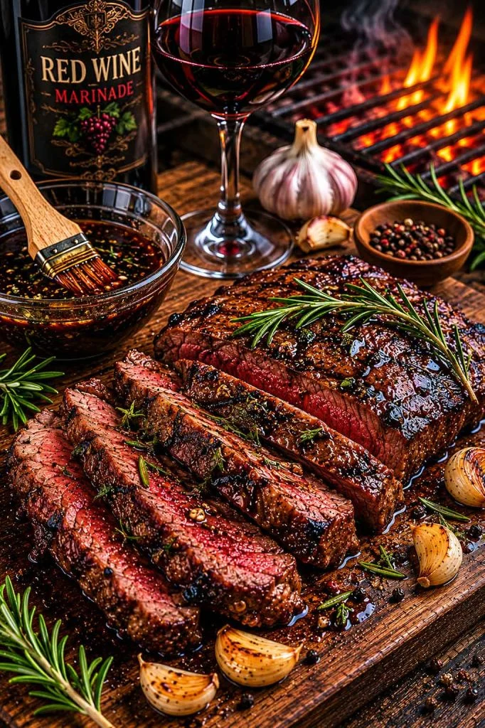 Red wine marinated beef steak beside smoky barbecue grill flames