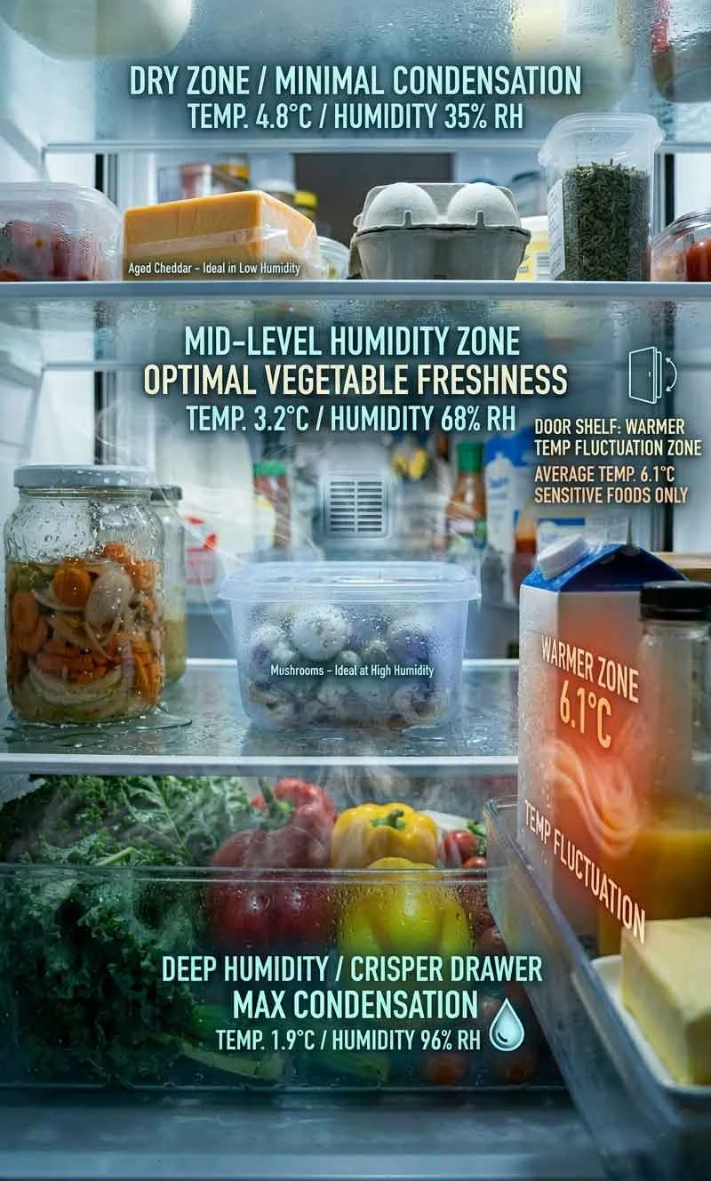 Different refrigerator shelves showing separate moisture and temperature zones