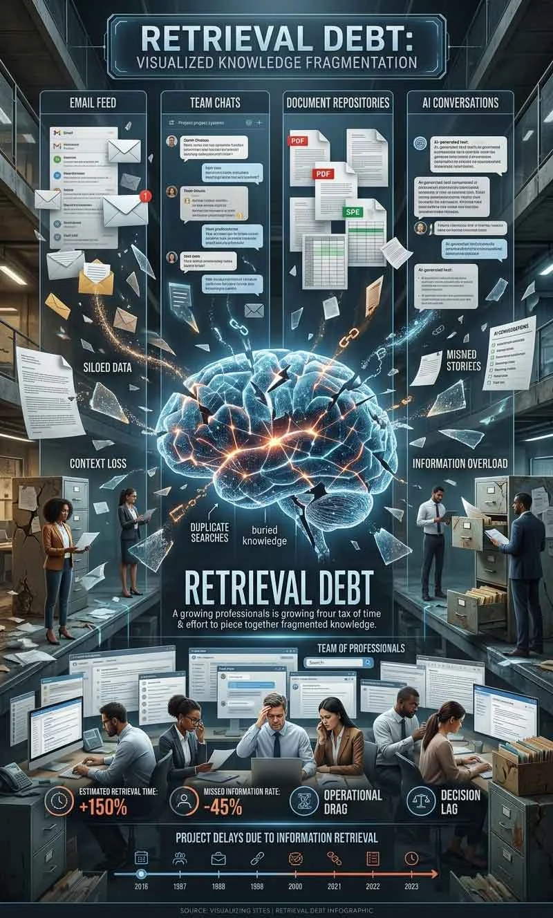 Retrieval debt visualization showing fragmented information across chats, documents, emails, and project systems