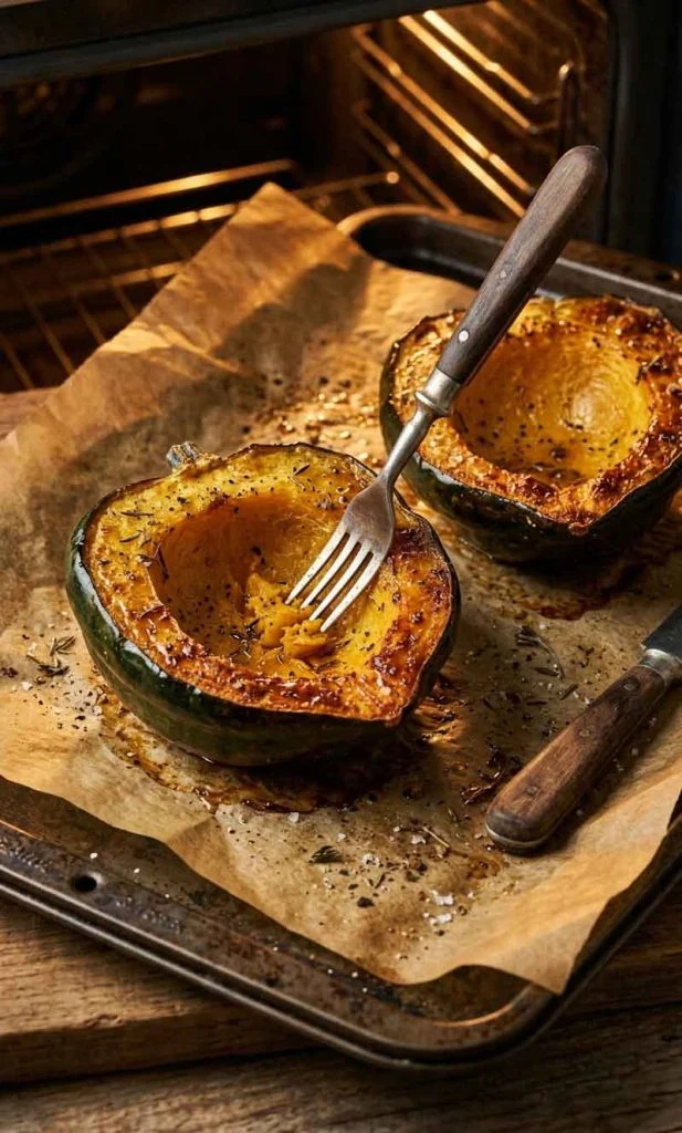 Roasted acorn squash halves ready for beef filling