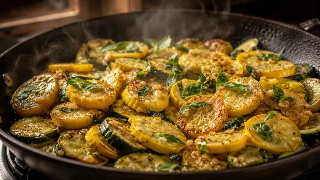 Sautéed summer squash caramelizing inside hot skillet