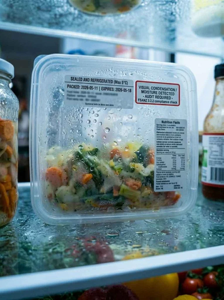 Foggy sealed food container with trapped condensation inside refrigerator
