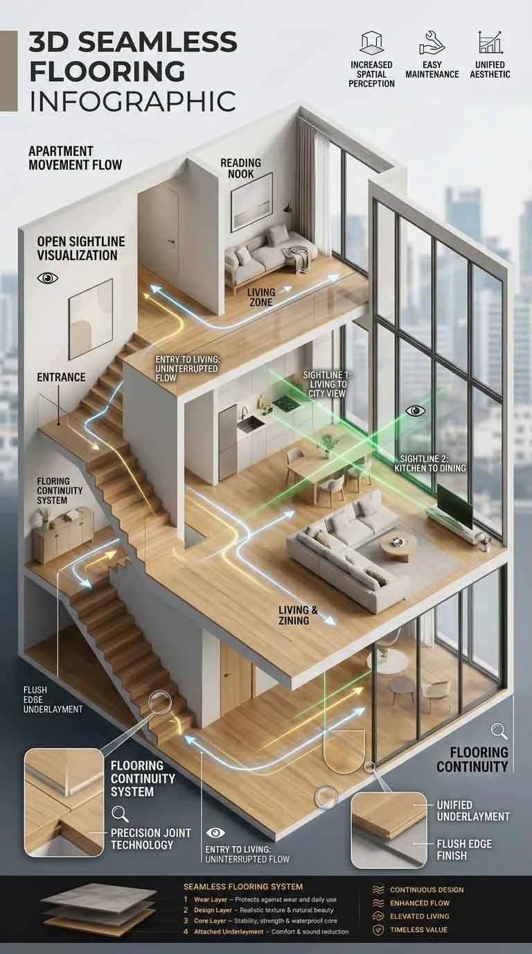 Seamless flooring improving movement flow inside apartment interiors