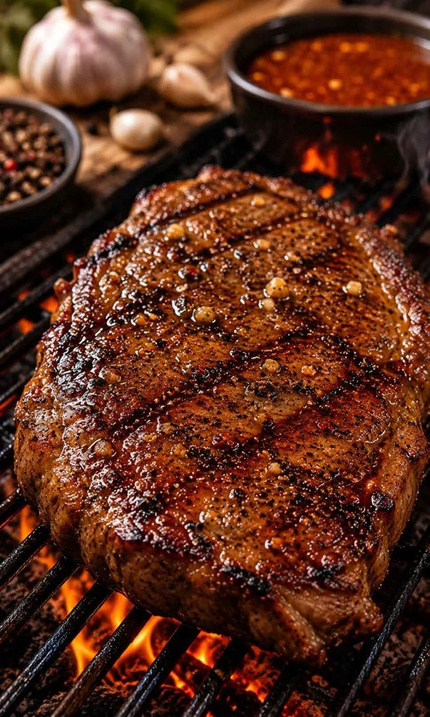 Steak coated with smoky garlic pepper marinade beside barbecue grill flames