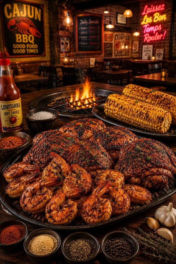 Spicy Cajun grilled shrimp and chicken inside warm barbecue restaurant interior