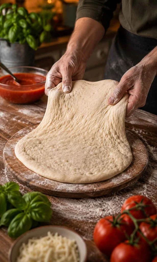 Stretching pizza dough by hand before baking