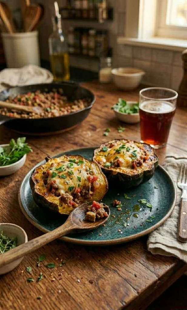 Stuffed acorn squash served on a dinner table with utensils and roasted edges