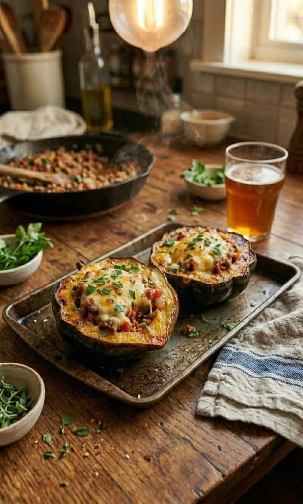 Stuffed acorn squash served during a warm evening dinner