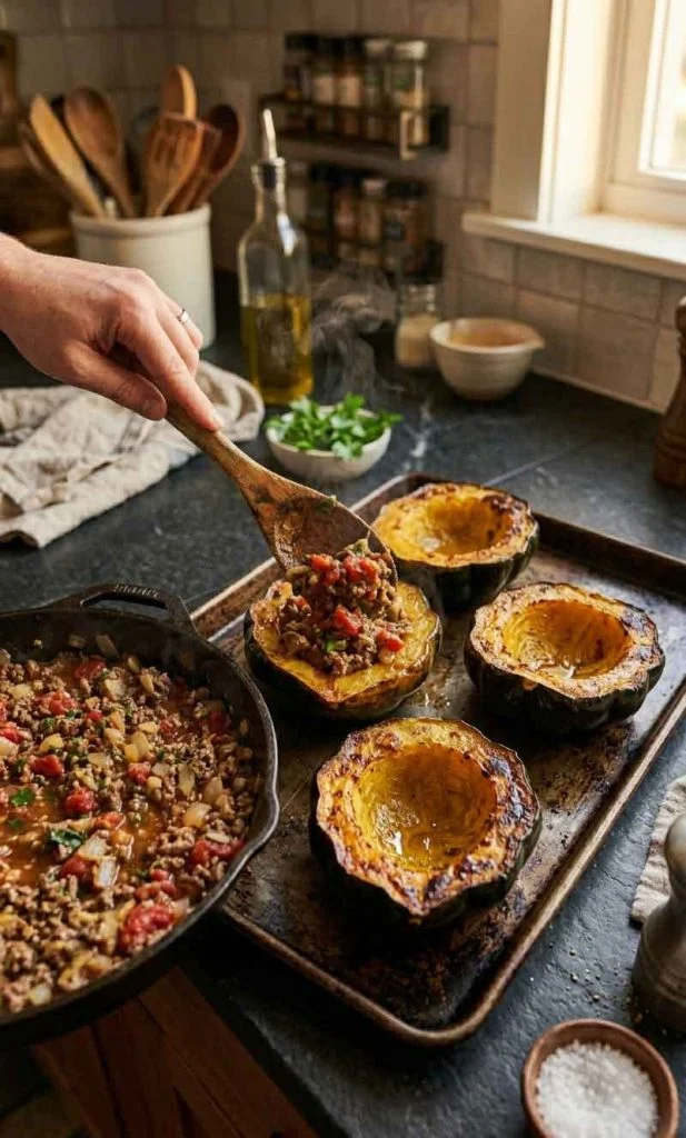 Beef filling spooned into roasted acorn squash halves