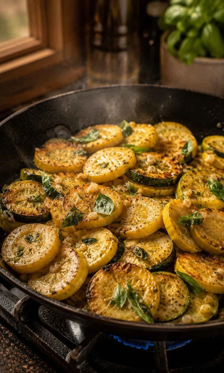 Summer squash sautéing over high heat inside skillet