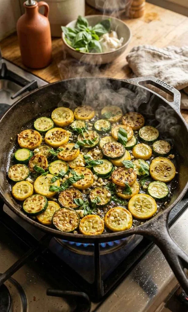 Summer squash spread across large skillet for sautéing
