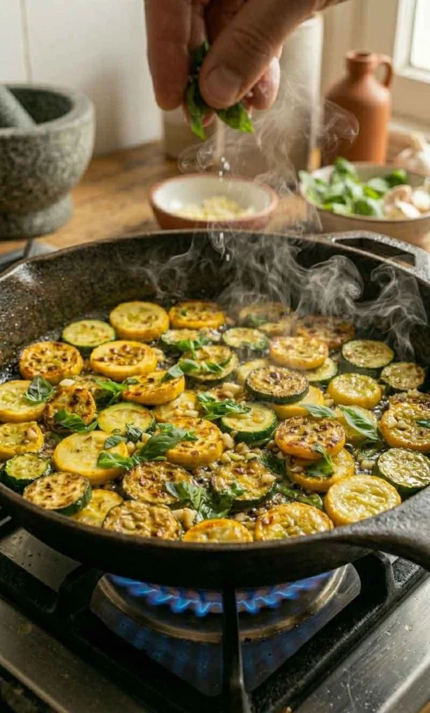 Steam evaporating from sautéed summer squash inside skillet