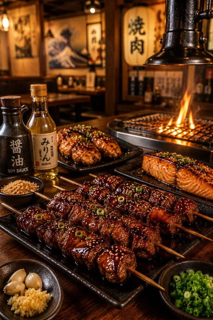 Teriyaki barbecue beef skewers inside warm Japanese restaurant interior