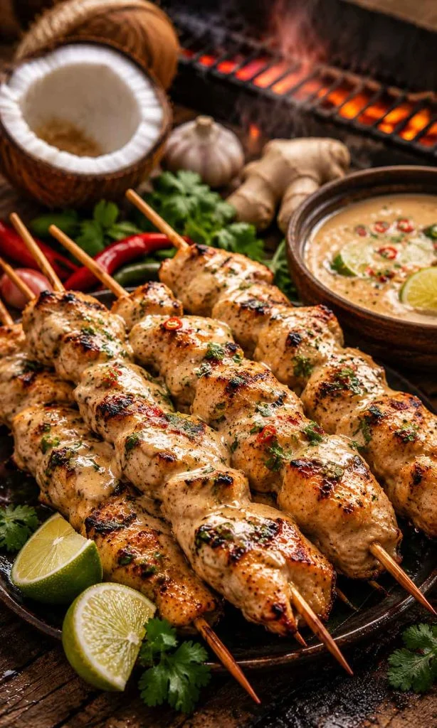 Thai coconut marinated chicken skewers beside smoky barbecue grill