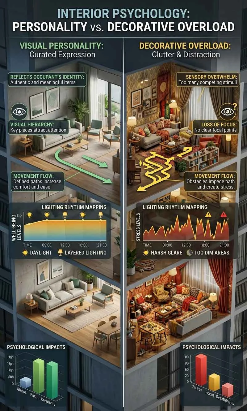 Unique interior design diagram showing visual personality versus decorative overload