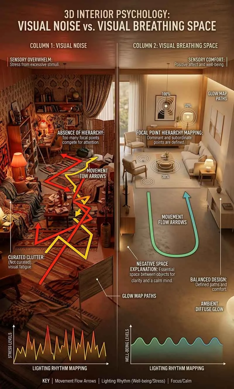 Interior infographic comparing visual noise and visual breathing space inside apartments