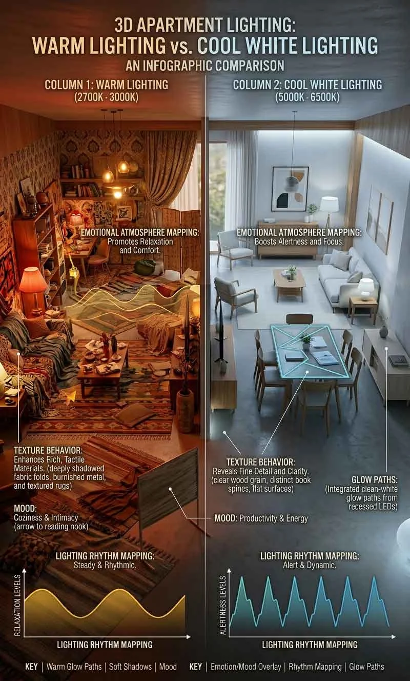 Interior lighting comparison between warm lighting and cool white lighting in apartments