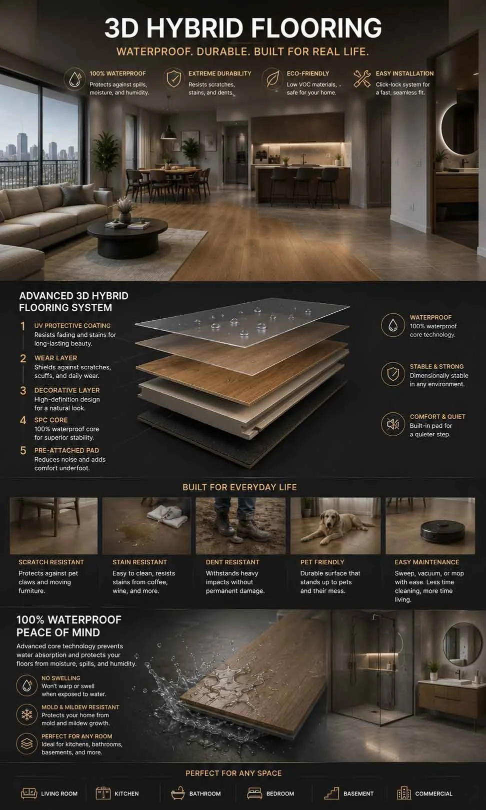 Waterproof hybrid flooring performance infographic for modern homes