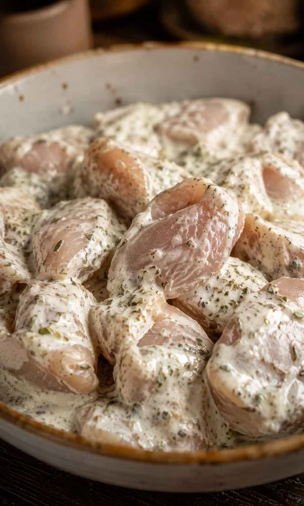 Greek yogurt coating chicken cubes before grilling