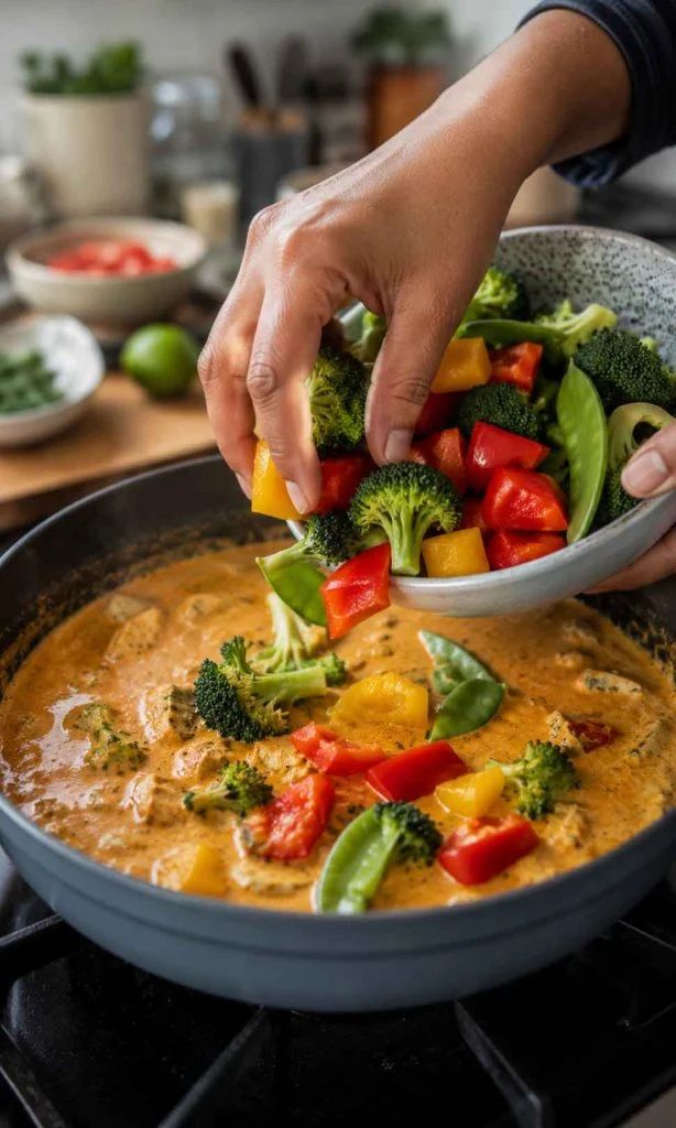 Fresh vegetables being added into coconut curry sauce