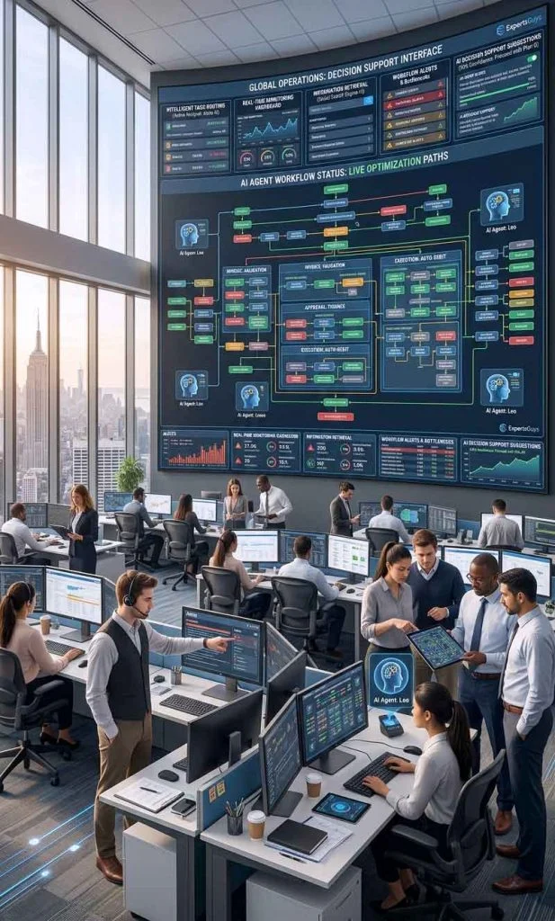 AI agents assisting workflow automation through monitoring, routing, retrieval, and decision support