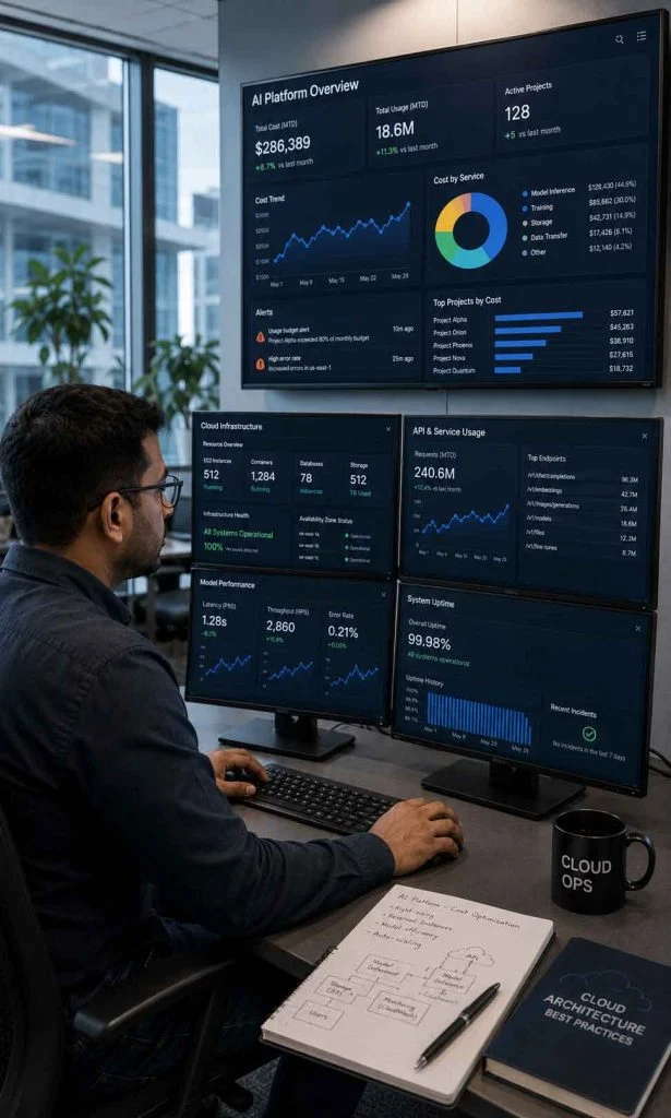 Cloud infrastructure engineer monitoring AI platform usage costs