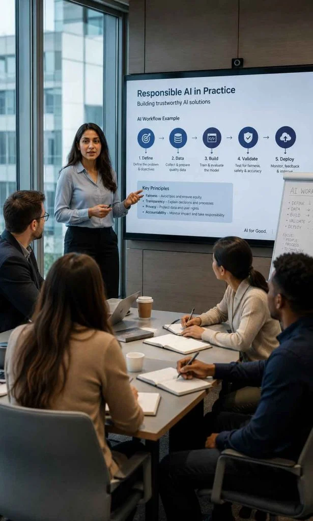 Employees attending AI training workshop inside a corporate meeting room