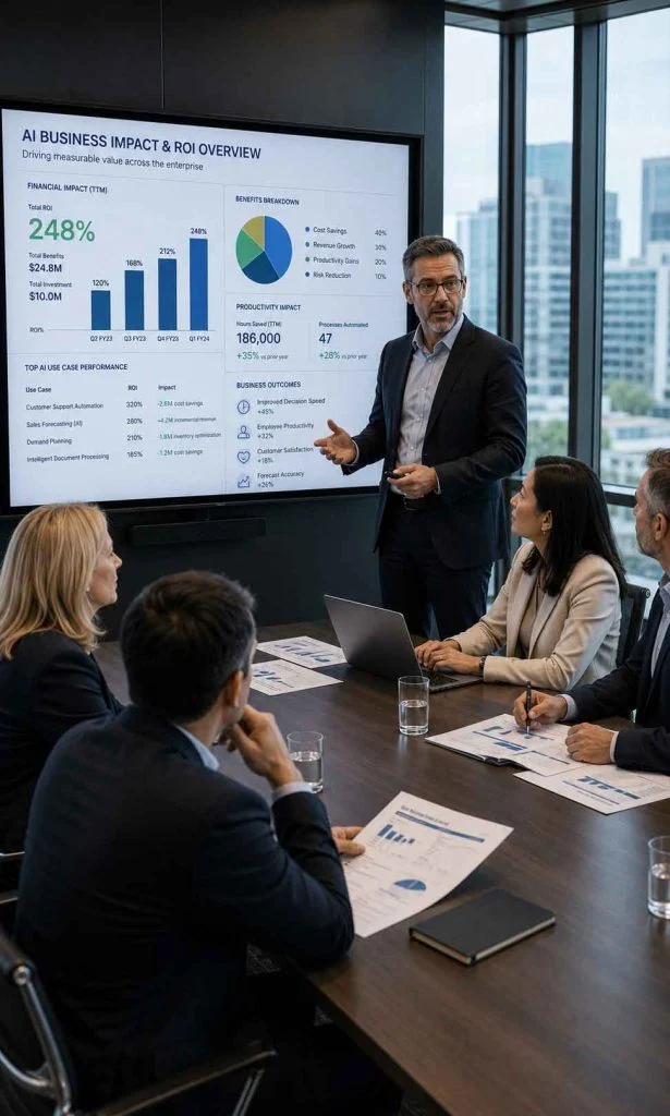Leadership team reviewing AI ROI and business performance reports