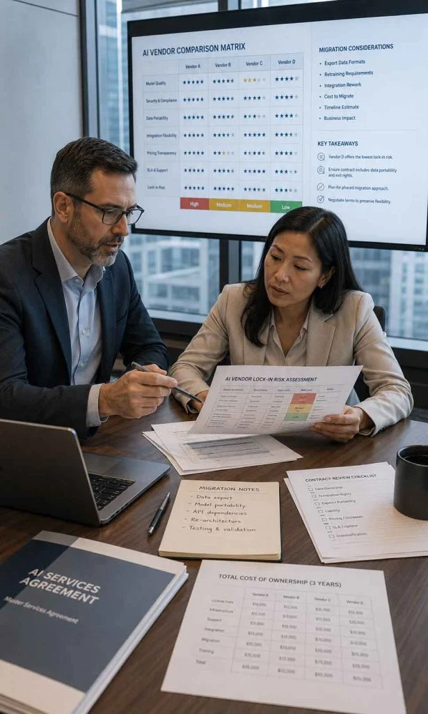 Business team reviewing AI vendor lock-in risk during procurement meeting