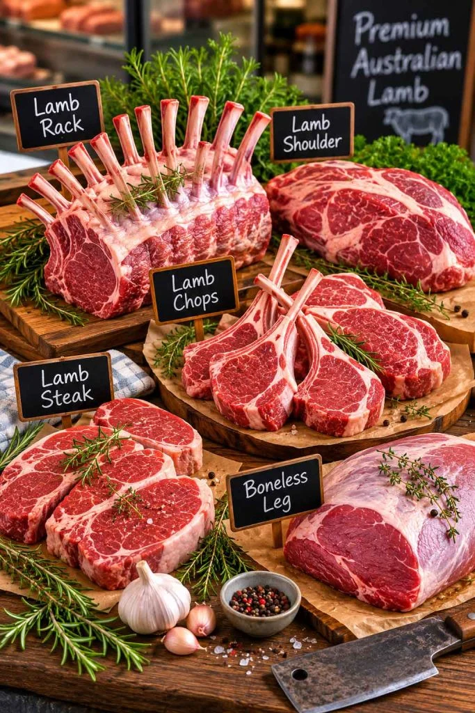 Popular lamb cuts for barbecue including rack, chops, steak and shoulder.