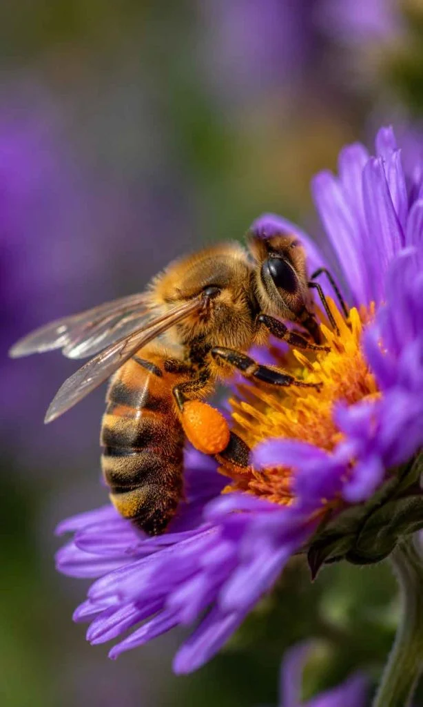 honey bee collecting pollen from flowering garden plant