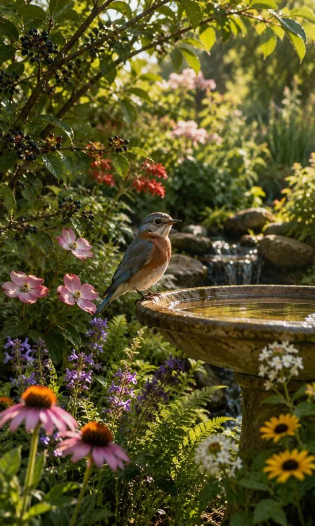 songbirds visiting a wildlife-friendly backyard garden